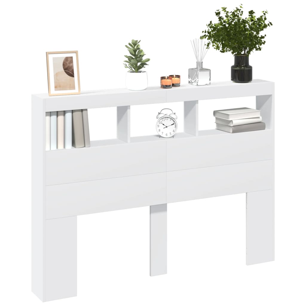 Testiera con Contenitore a LED-Testiera con Ripiani Bianca 140x17x102 cm