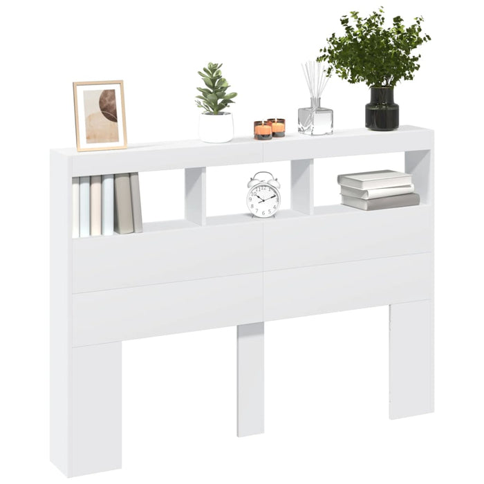 Testiera con Contenitore a LED-Testiera con Ripiani Bianca 140x17x102 cm