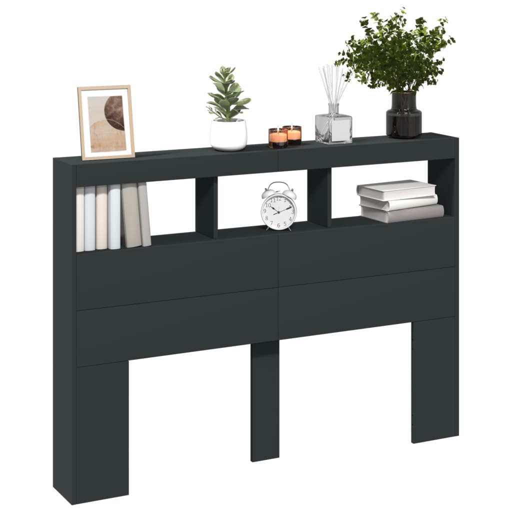 Testiera con Contenitore a LED-Testiera con Ripiani Nera 140x17x102 cm