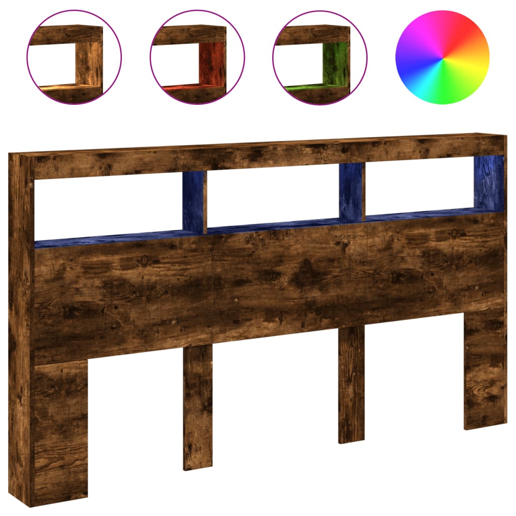 Testiera con Contenitore a LED-Testiera con Ripiani Rovere Fumo 180x17x102 cm