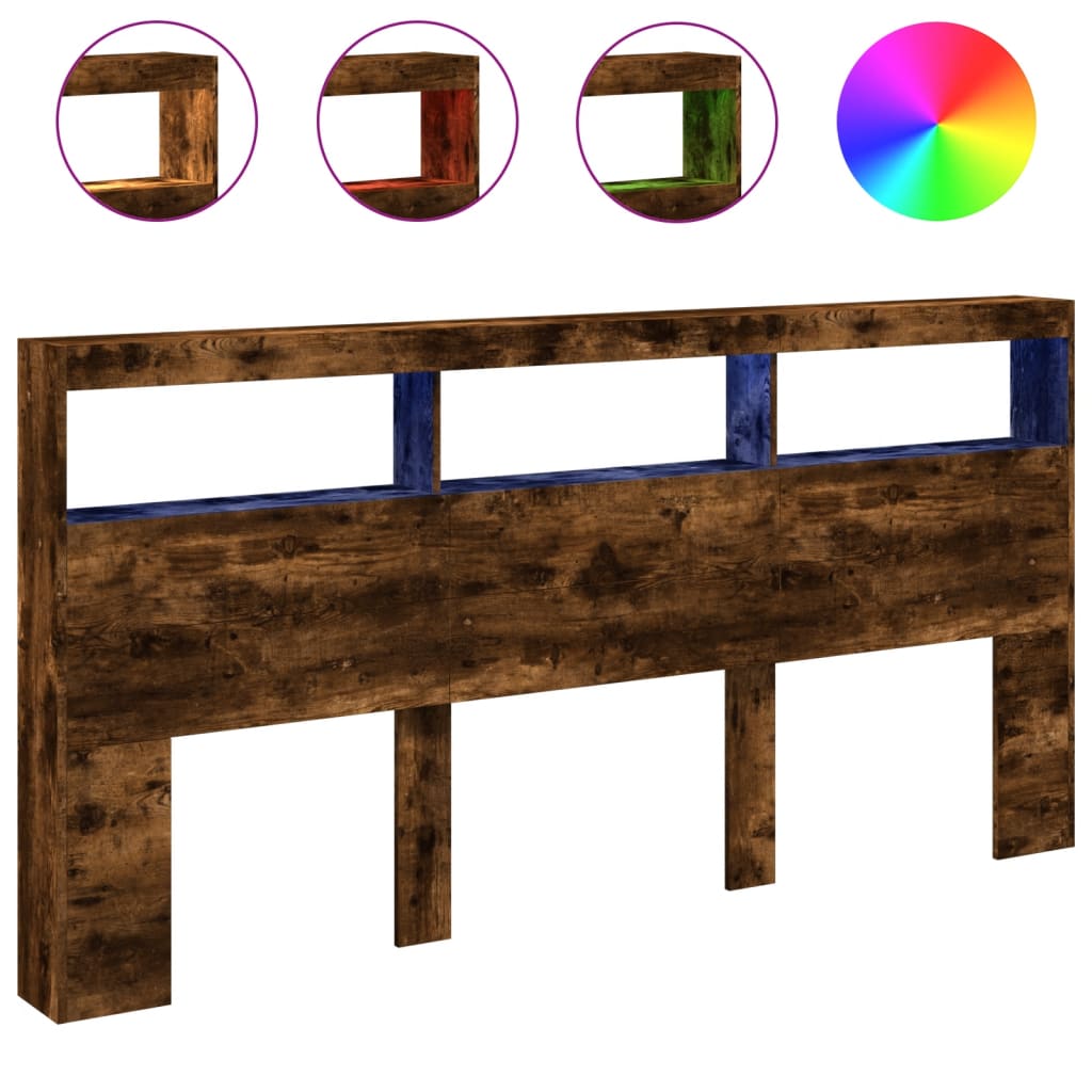 Testiera con Contenitore a LED-Testiera con Ripiani Rovere Fumo 200x17x102 cm