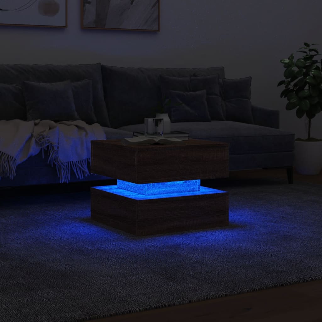 Tavolino da Salotto con Luci LED Rovere Marrone 50x50x40 cm 839860
