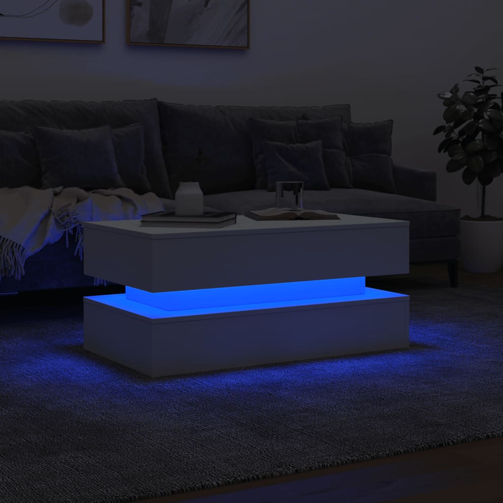 Tavolino da Soggiorno con Luci LED Bianco 90x50x40 cm 839861