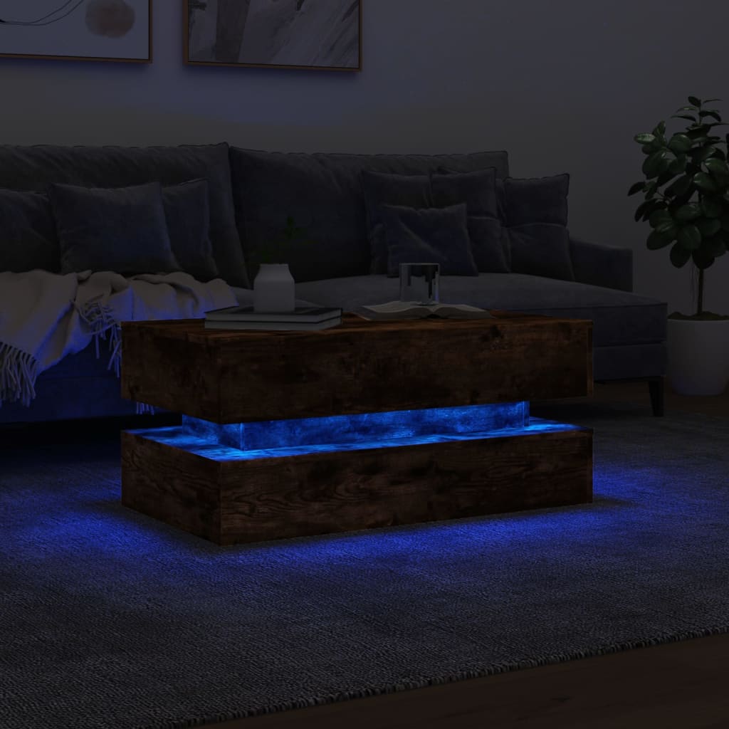 Tavolino da Soggiorno-Tavolino da Salotto con Luci LED Rovere Fumo 90x50x40 cm