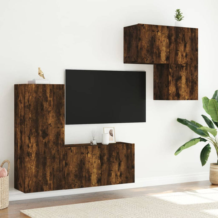 Mobili TV a Muro 4pz Rovere Fumo in Legno Multistrato 3216432