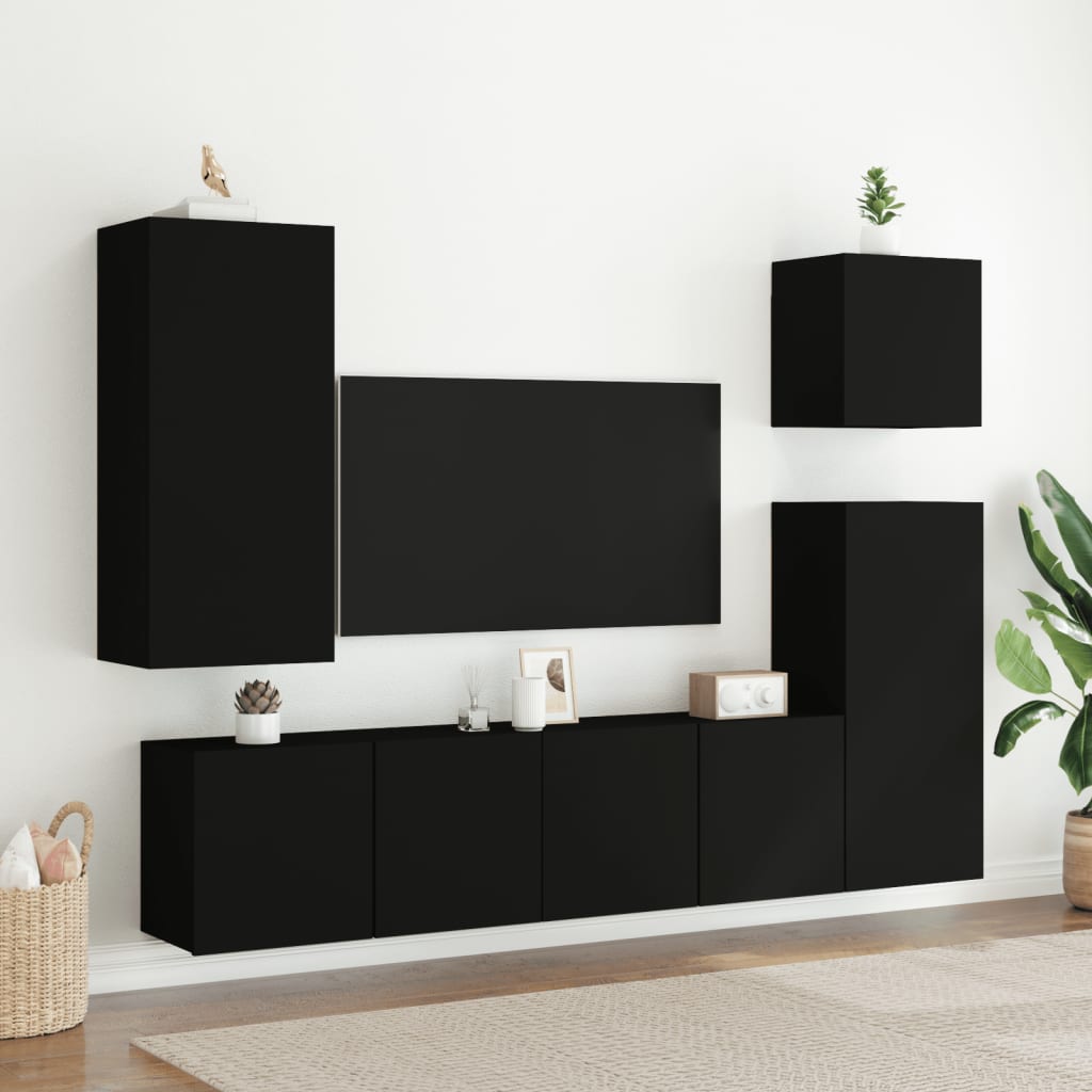 Mobili TV a Muro 5pz Neri in Legno Multistrato 3216447