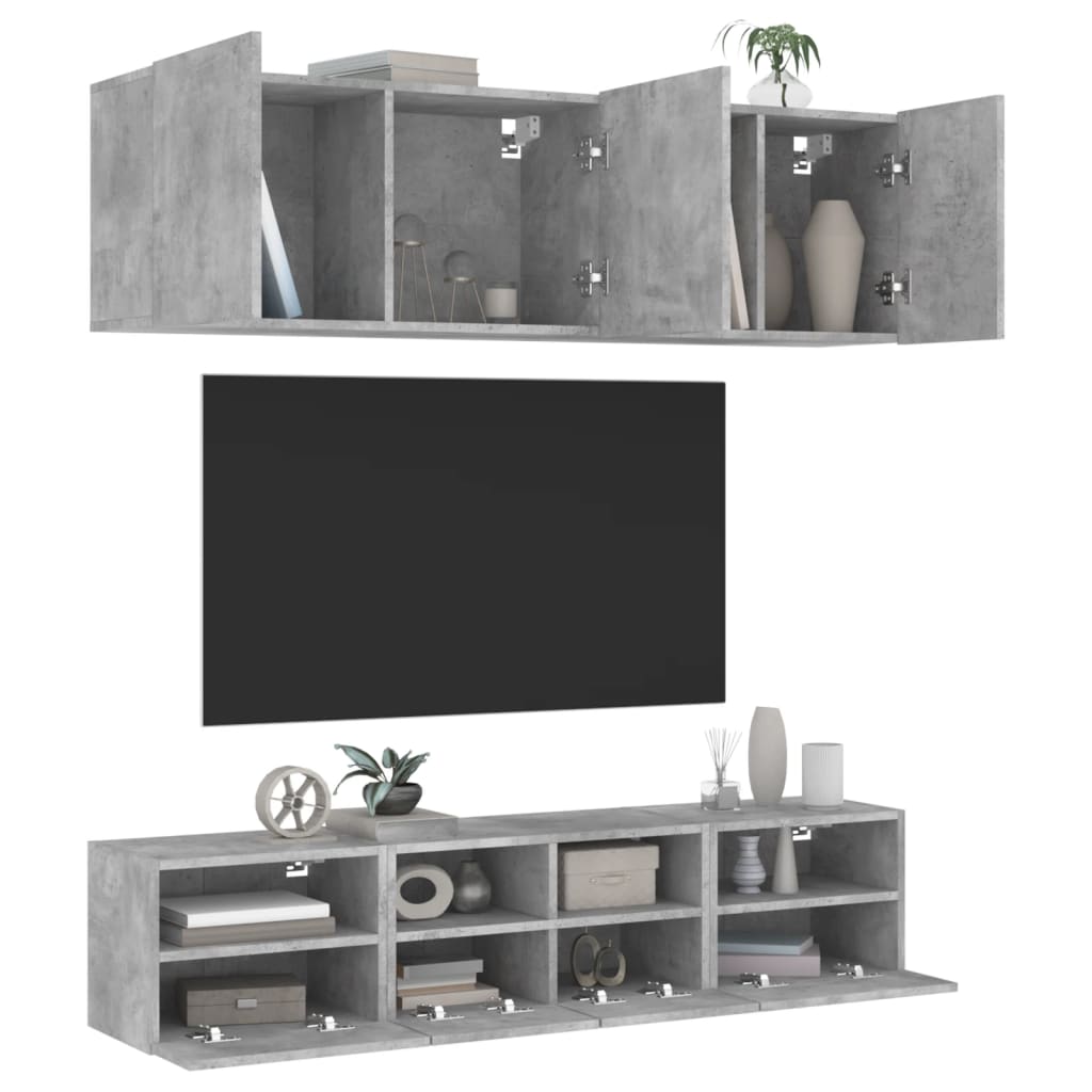 Mobili TV a Muro con LED 5pz-Set di 5 Credenza per TV sospesa Grigio Cemento Legno Multistrato 764996