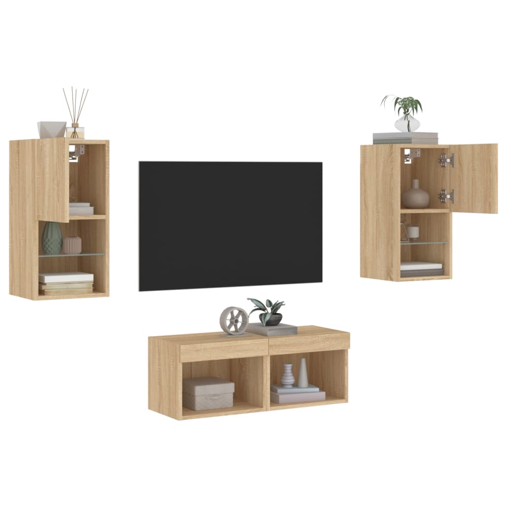 Mobili TV a Muro 4pz con Luci LED Rovere Sonoma 3216571