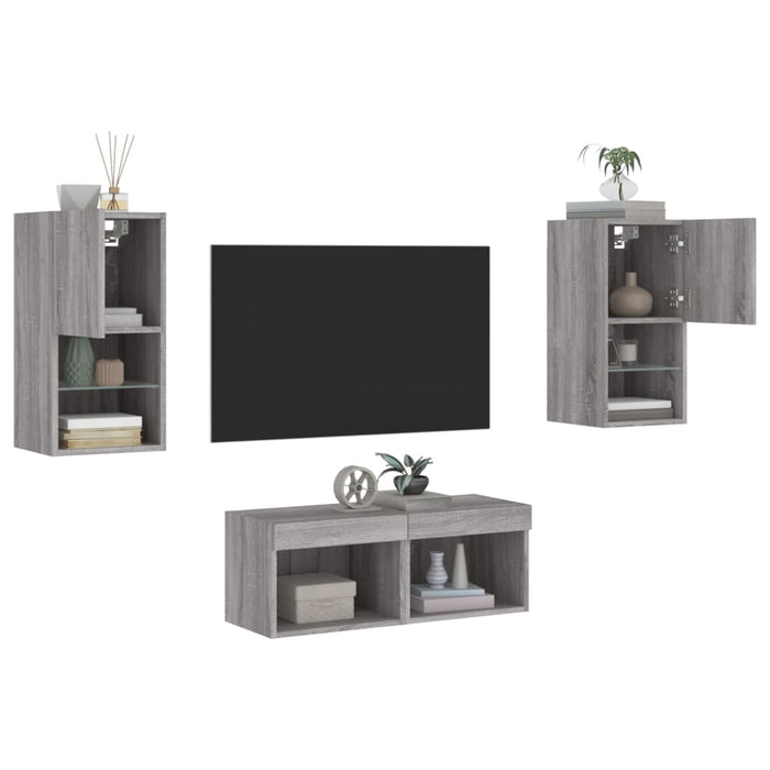Mobili TV a Muro 4pz con Luci LED Grigio Sonoma 3216574