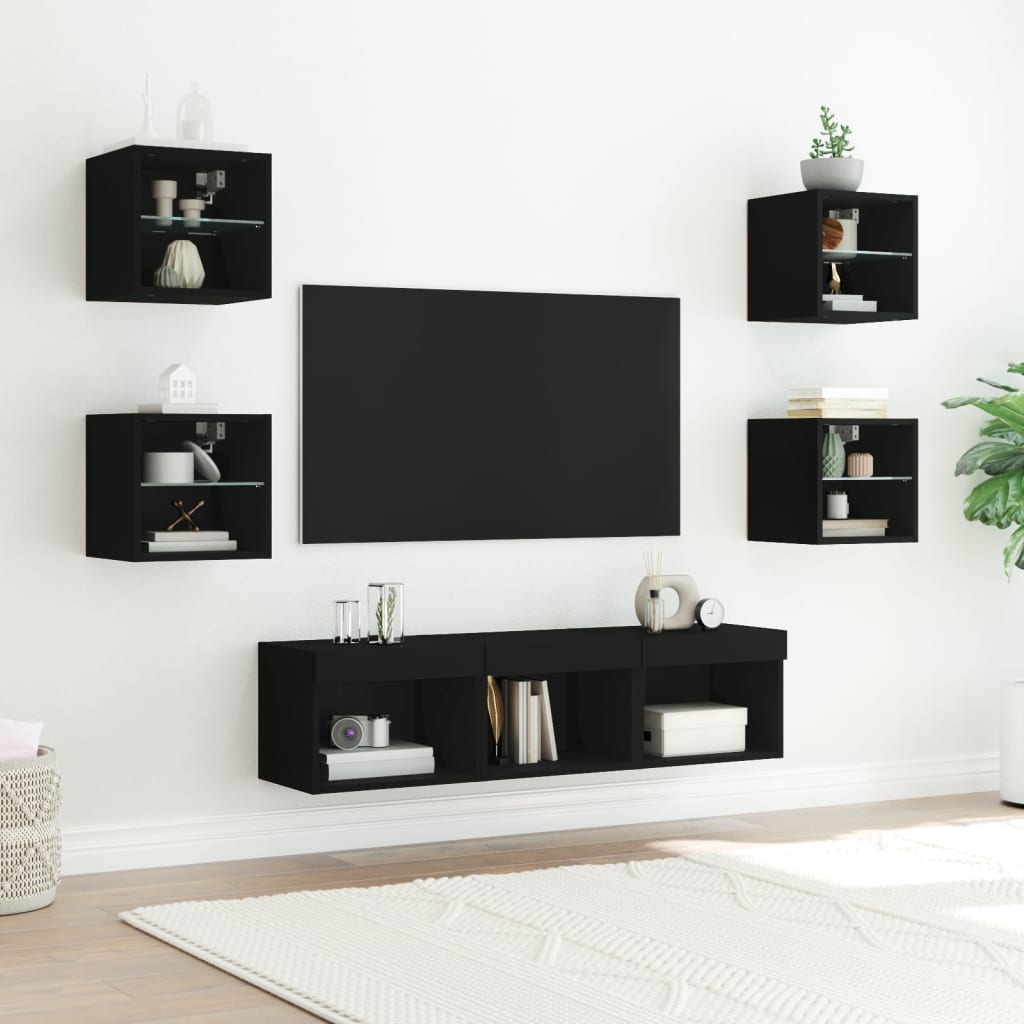 Mobili TV a Muro con LED 7pz Neri in Legno Multistratocod mxl 134236