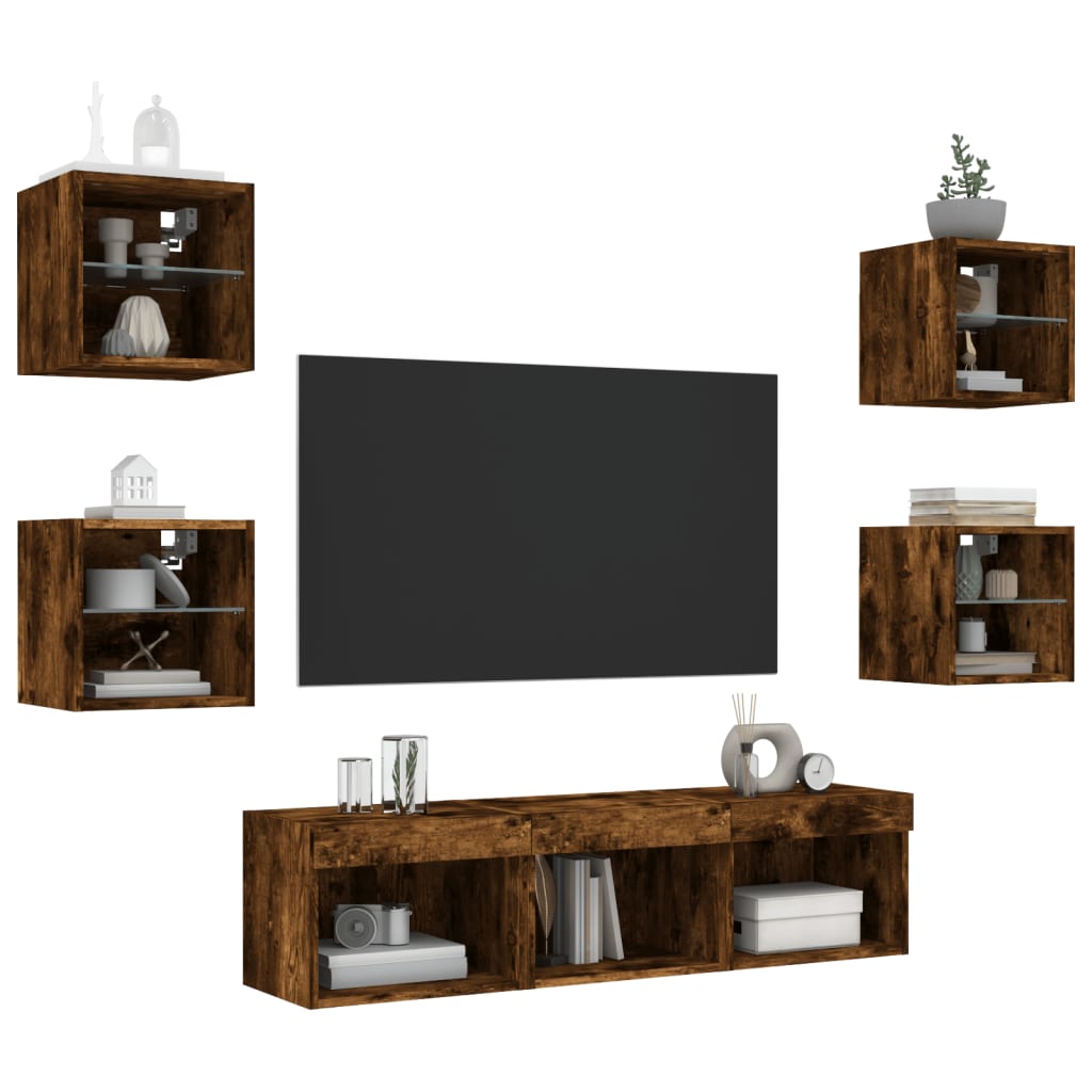 Mobili TV a Muro con LED 7pz Rovere Fumo in Legno Multistrato 3216587