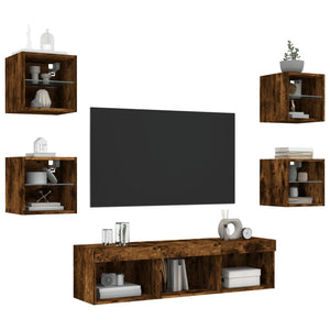 Mobili TV a Muro con LED 7pz Rovere Fumo in Legno Multistrato 3216587