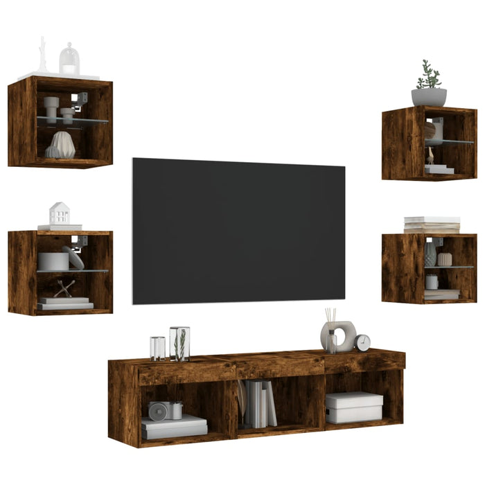 Mobili TV a Muro con LED 7pz Rovere Fumo in Legno Multistrato 3216587