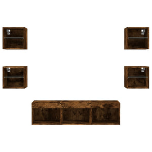 Mobili TV a Muro con LED 7pz Rovere Fumo in Legno Multistrato 3216587