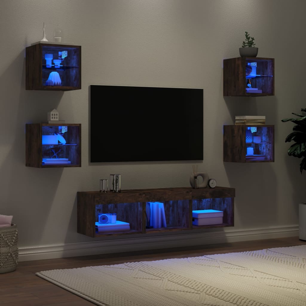 Mobili TV a Muro con LED 7pz Rovere Fumo in Legno Multistrato 3216587