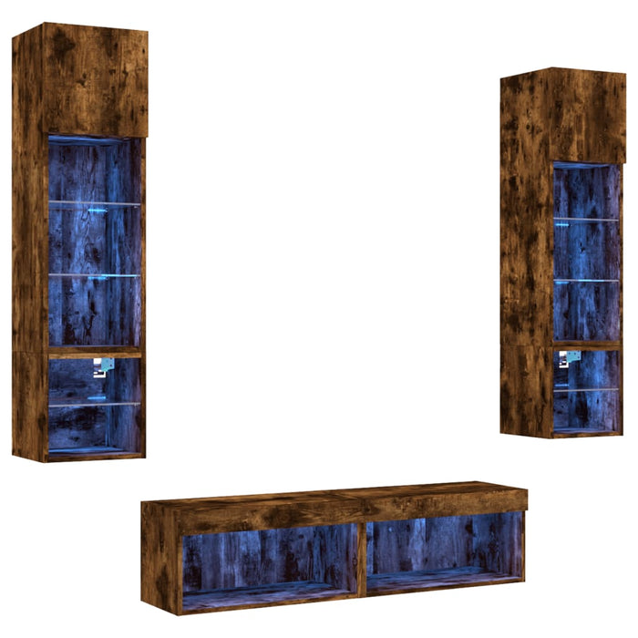 Mobili TV a Muro con LED 6pz Rovere Fumo in Legno Multistrato 3216626