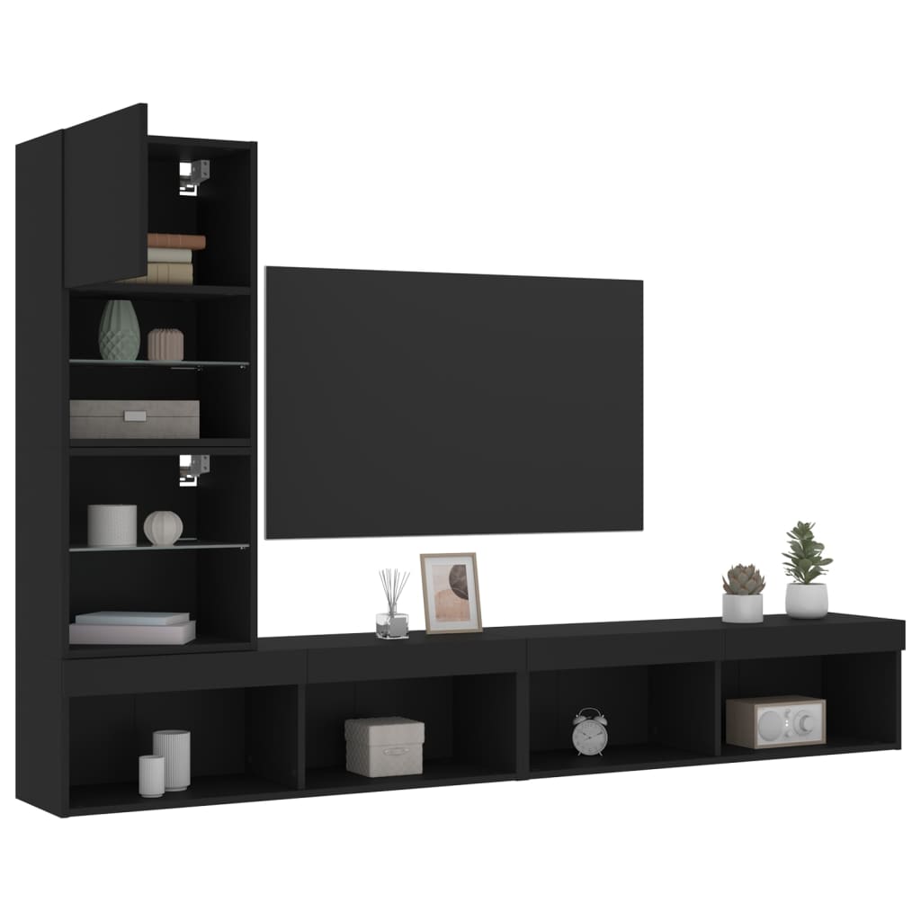 Mobili TV a Muro con LED 4pz Neri in Legno Multistrato 3216641
