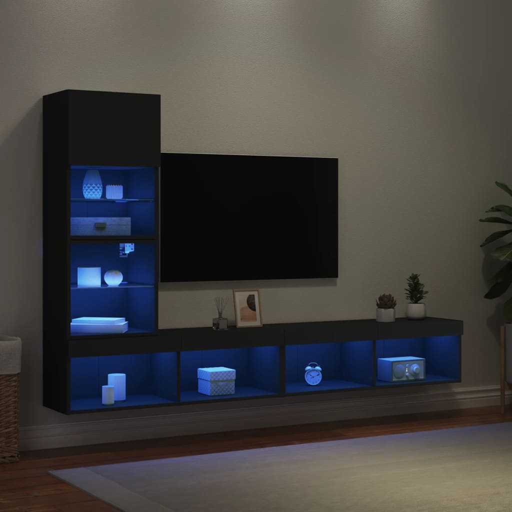 Mobili TV a Muro con LED 4pz Neri in Legno Multistrato 3216641