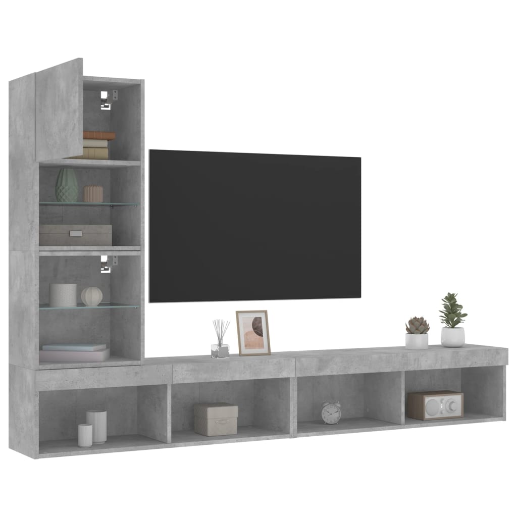 Mobili TV a Muro con LED 4pz Grigio Cemento Legno Multistrato 3216643
