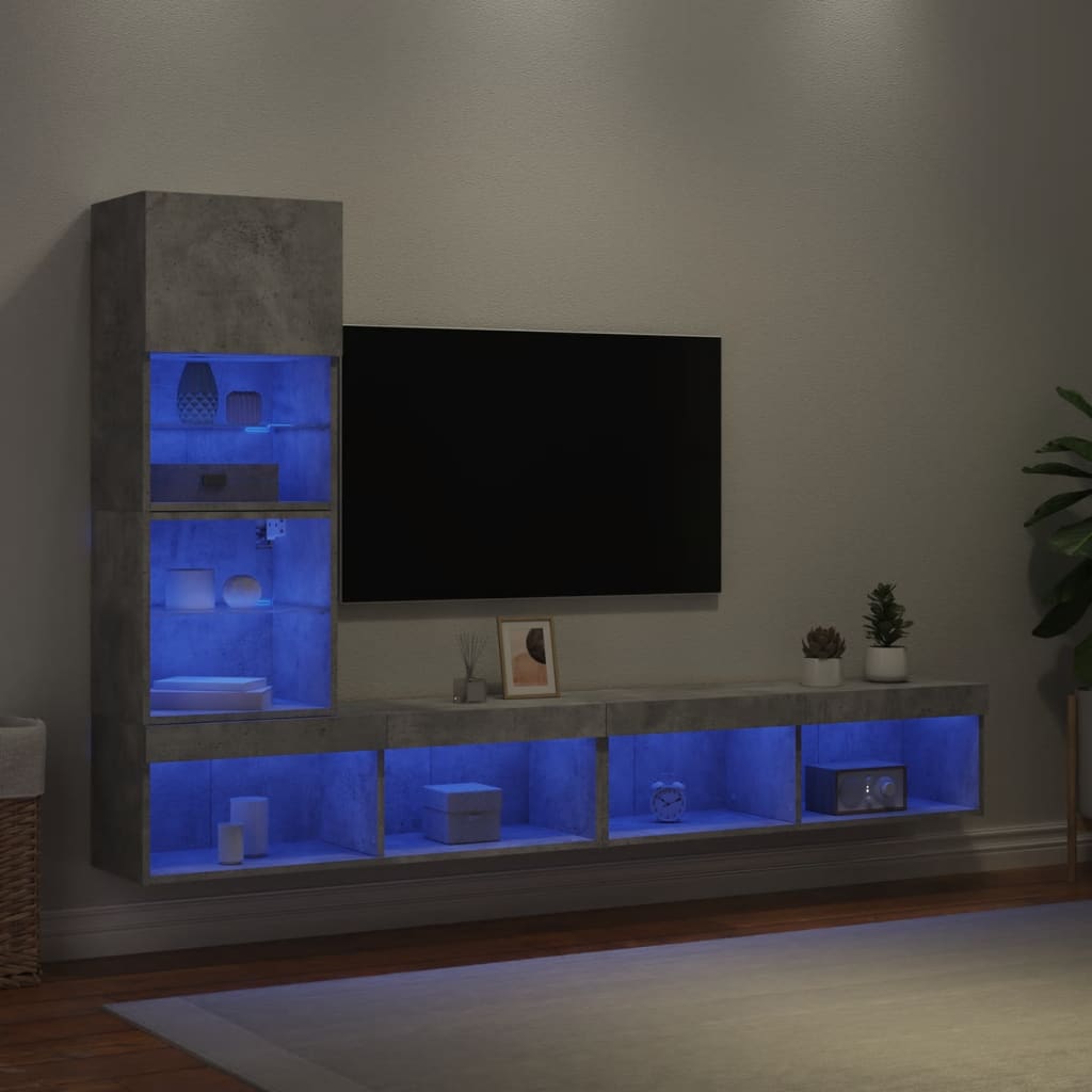 Mobili TV a Muro con LED 4pz Grigio Cemento Legno Multistrato 3216643