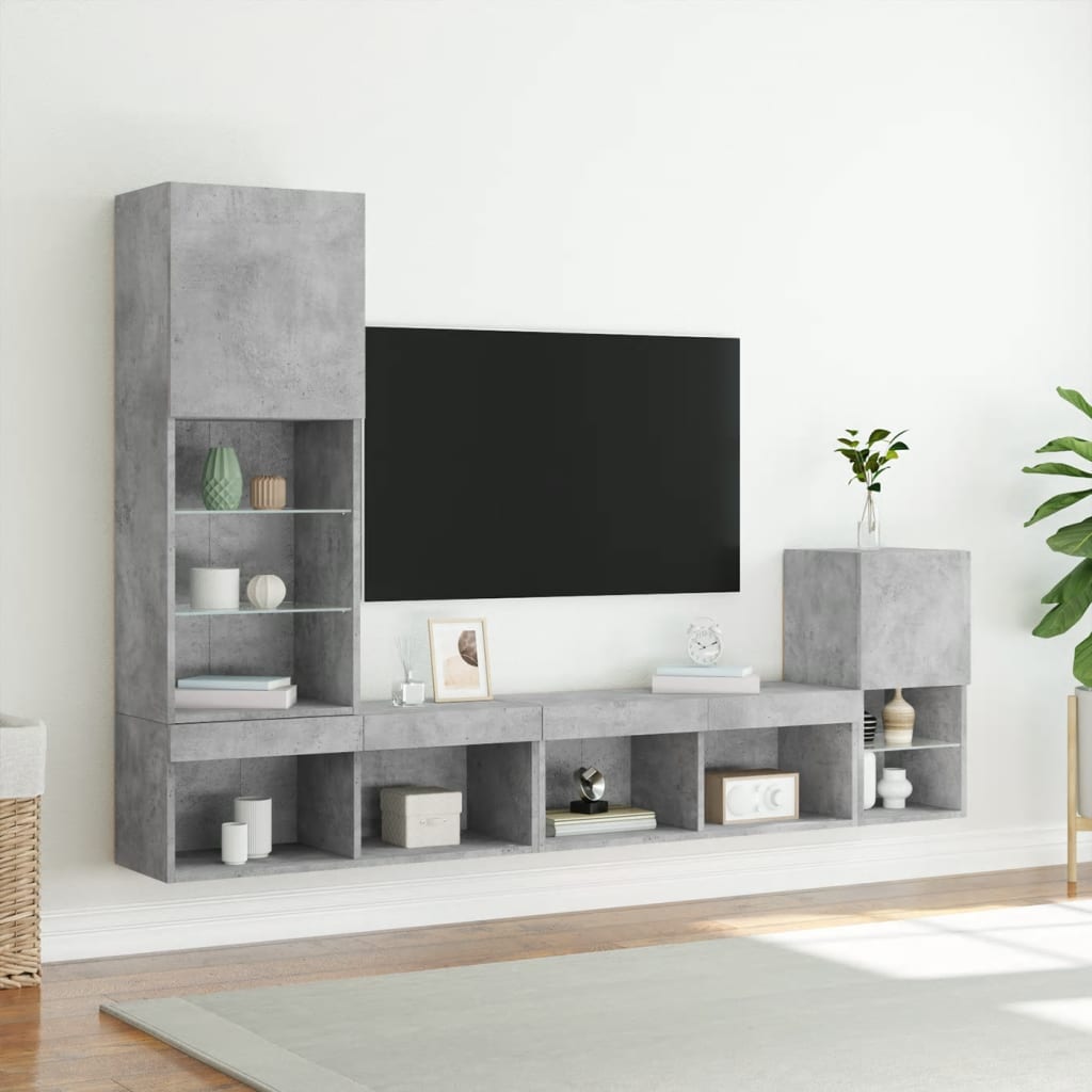 Mobili TV a Muro con LED 4pz Grigio Cemento Legno Multistrato 3216664