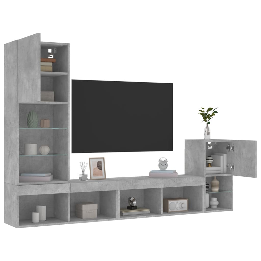 Mobili TV a Muro con LED 4pz Grigio Cemento Legno Multistrato 3216664