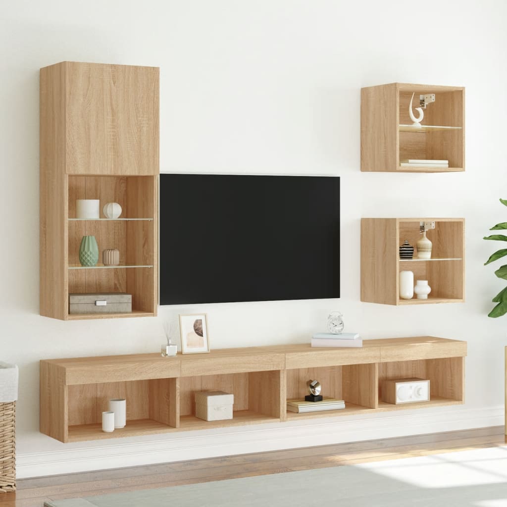 Mobili TV a Muro con LED 5pz Rovere Sonoma Legno Multistrato 3216677