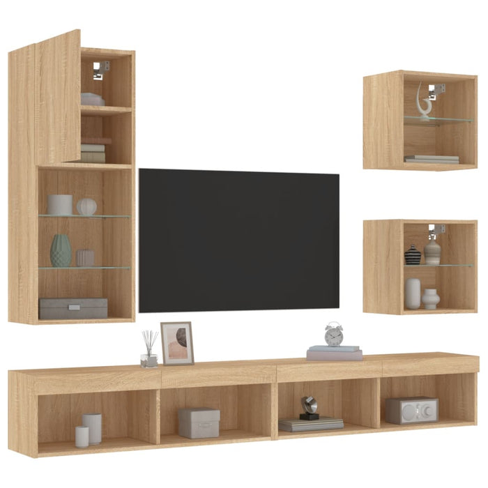 Mobili TV a Muro con LED 5pz Rovere Sonoma Legno Multistrato 3216677