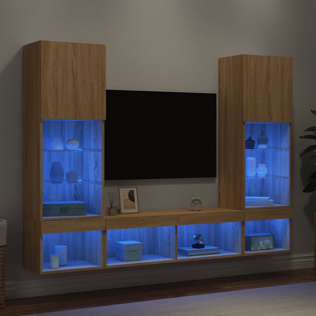 Mobili TV a Muro con LED 5pz-Set di 5 Credenza per TV sospesa Rovere Sonoma Legno Multistrato 134551