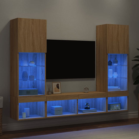 Mobili TV a Muro con LED 5pz-Set di 5 Credenza per TV sospesa Rovere Sonoma Legno Multistrato 134551