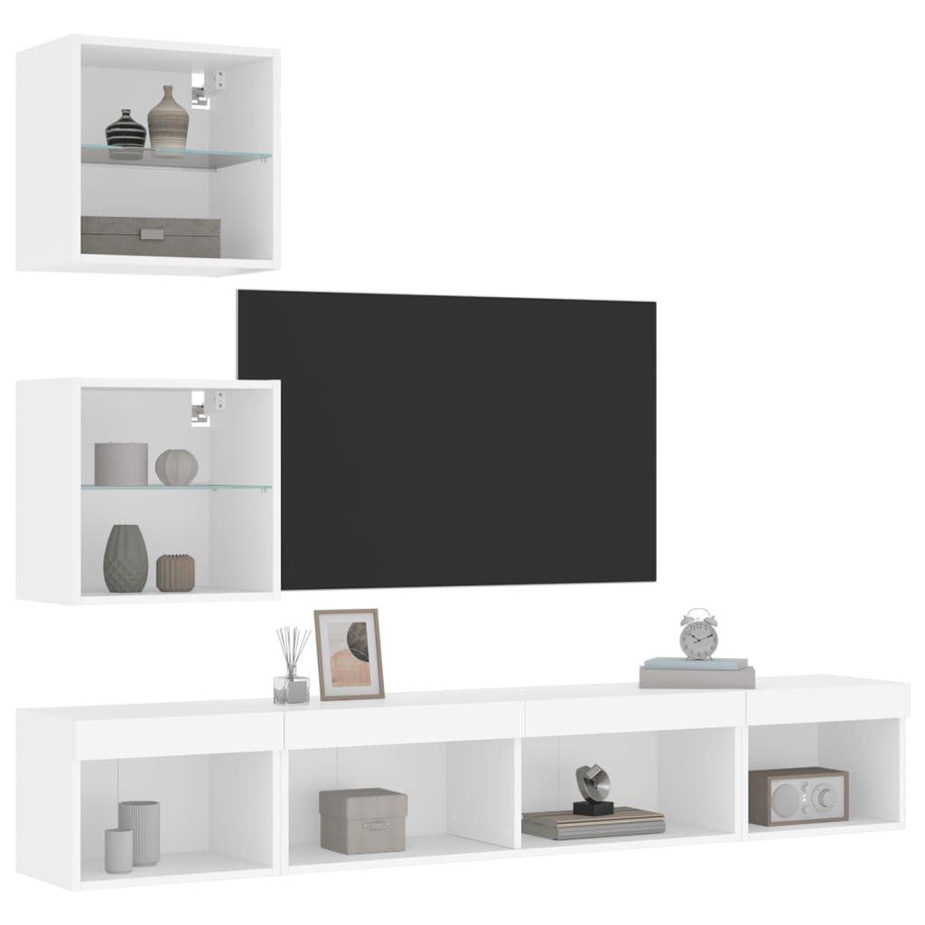 Mobili TV a Muro con LED 5pz-Set di 5 Credenza per TV sospesa Bianchi in Legno Multistrato 994444