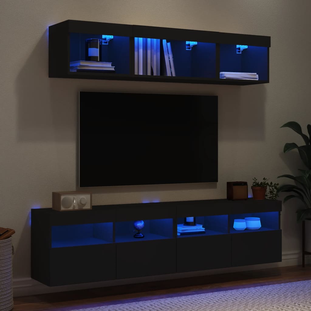 Mobili TV a Muro con LED 5pz Neri in Legno Multistrato 3216719