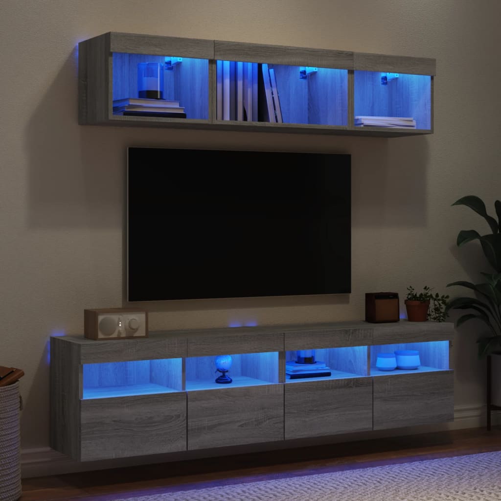 vidaXL Mobili TV a Muro con LED 5pz Grigio Sonoma in Legno Multistrato