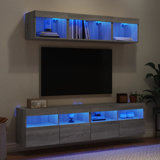 vidaXL Mobili TV a Muro con LED 5pz Grigio Sonoma in Legno Multistrato