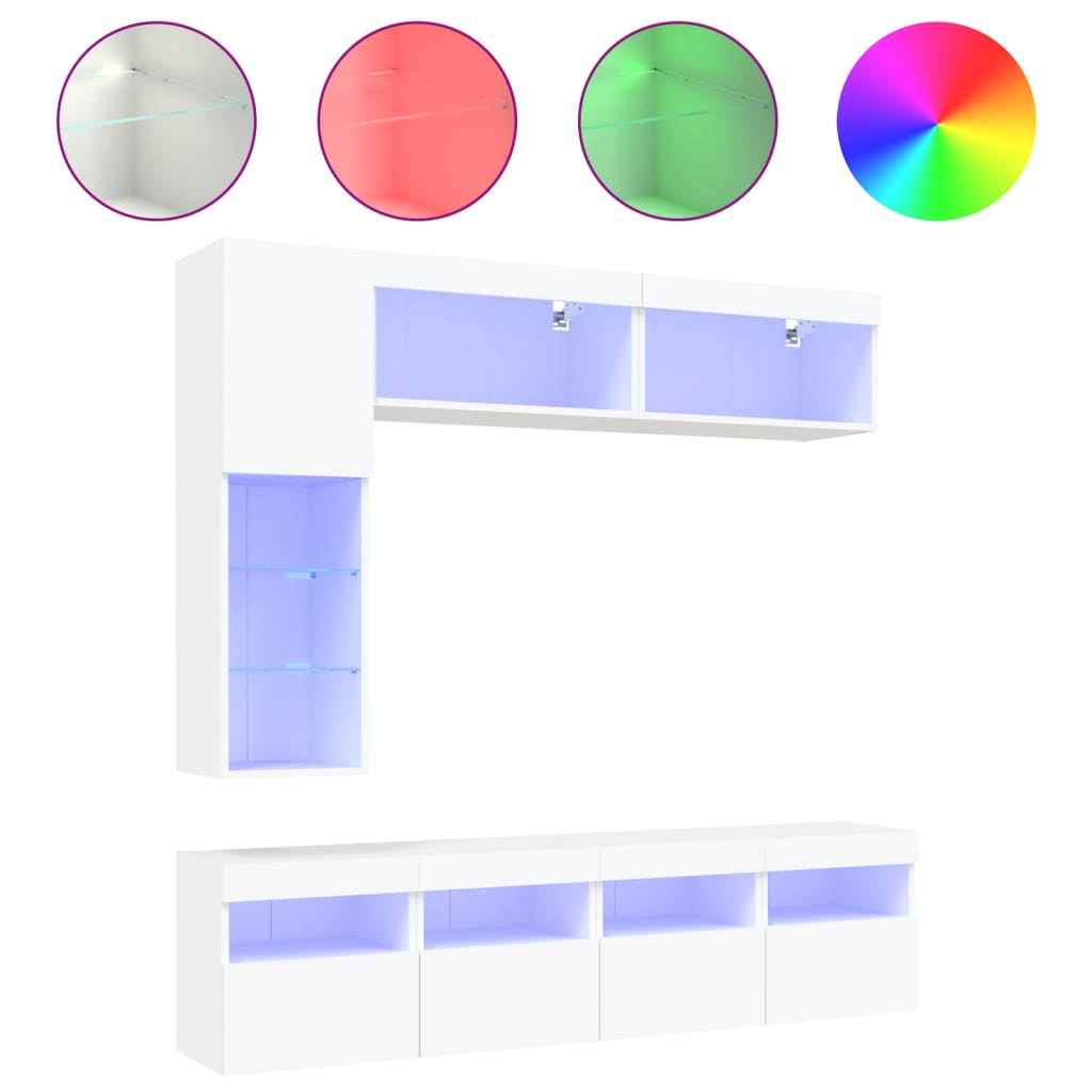 Set Mobili TV a Muro 7 pz con Luci LED-Set di 7 Credenza per TV Bianco