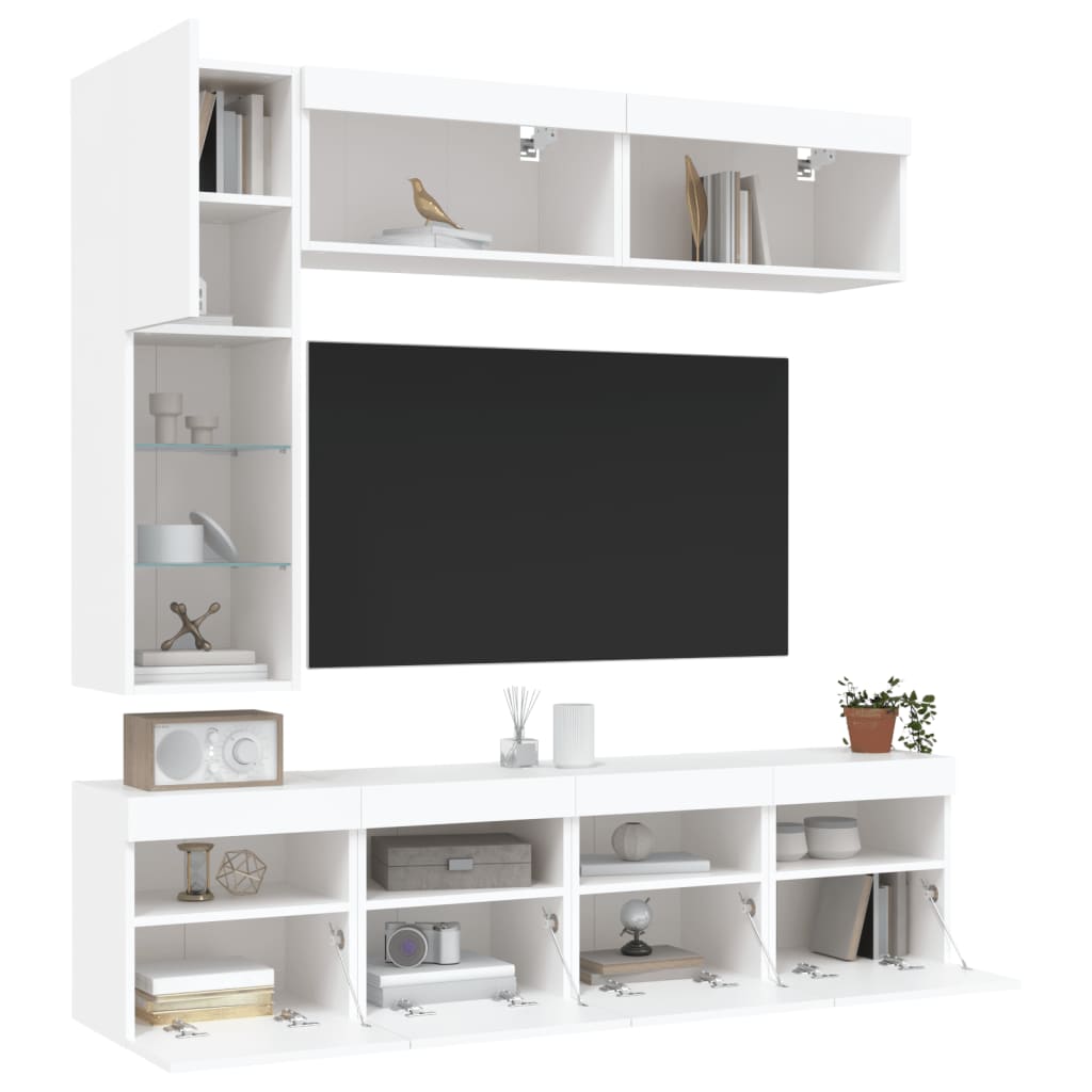 Set Mobili TV a Muro 7 pz con Luci LED-Set di 7 Credenza per TV Bianco