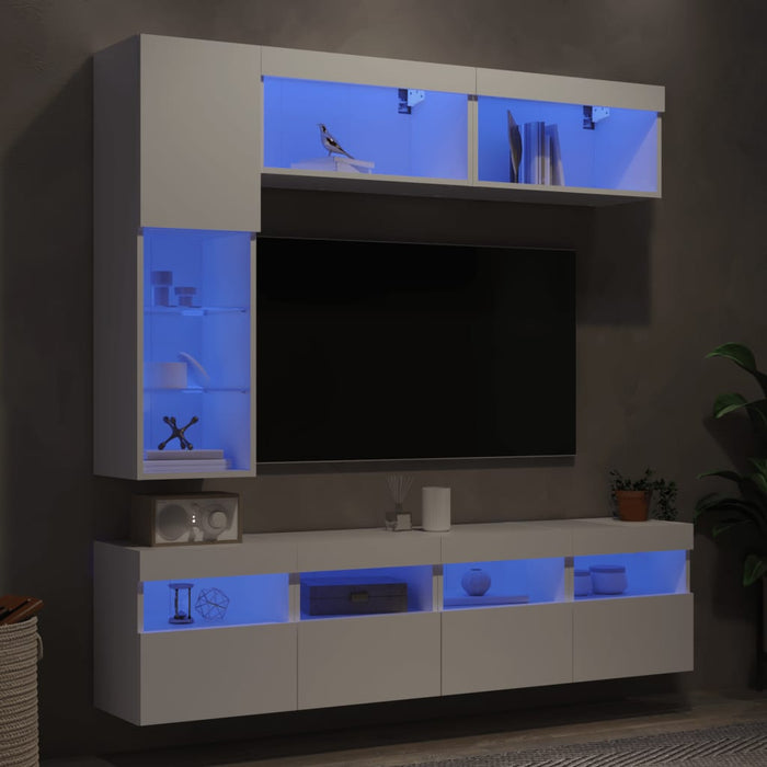 Set Mobili TV a Muro 7 pz con Luci LED-Set di 7 Credenza per TV Bianco
