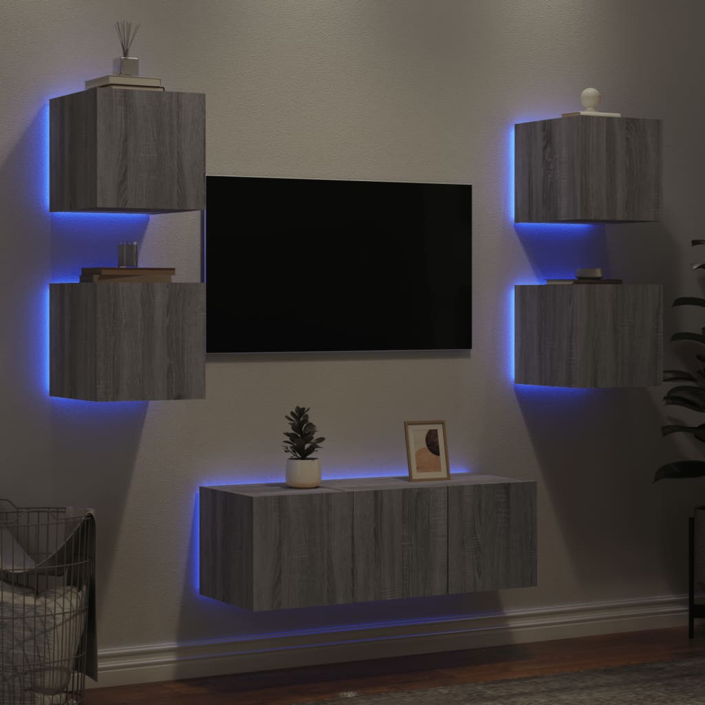 Mobili TV a Muro con LED 6pz Grigio Sonoma Legno Multistrato 3216816
