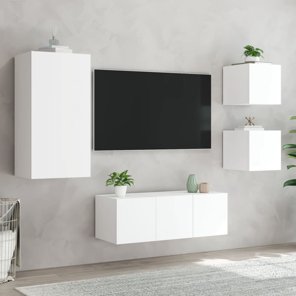 Mobili TV a Muro con LED 5pz Bianchi in Legno Multistrato 3216825