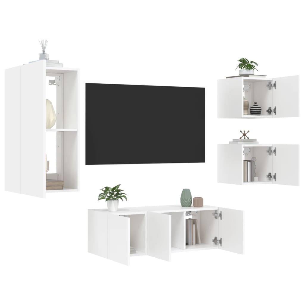 Mobili TV a Muro con LED 5pz Bianchi in Legno Multistrato 3216825