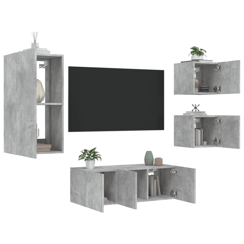 Mobili TV a Muro con LED 5pz-Set di 5 Credenza per TV sospesa Grigio Cemento Legno Multistrato 144913