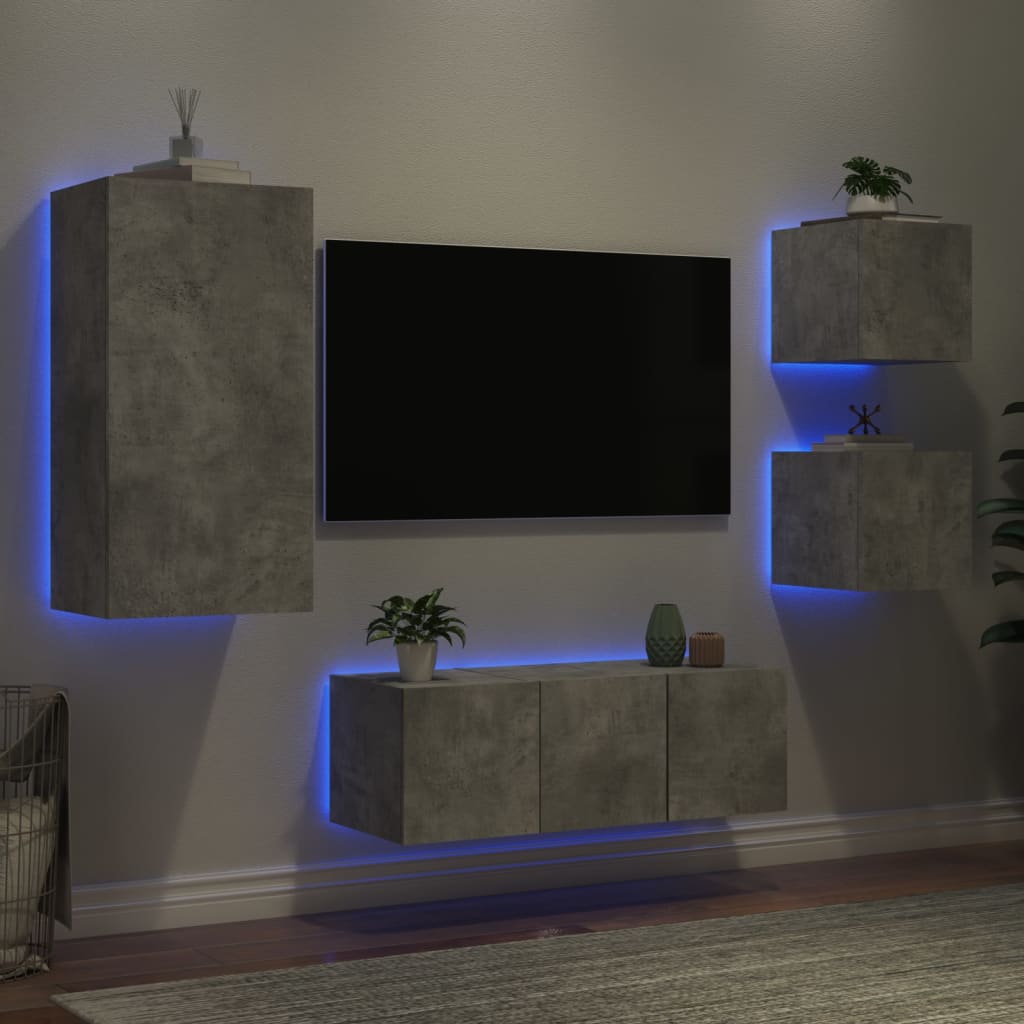 Mobili TV a Muro con LED 5pz-Set di 5 Credenza per TV sospesa Grigio Cemento Legno Multistrato 144913