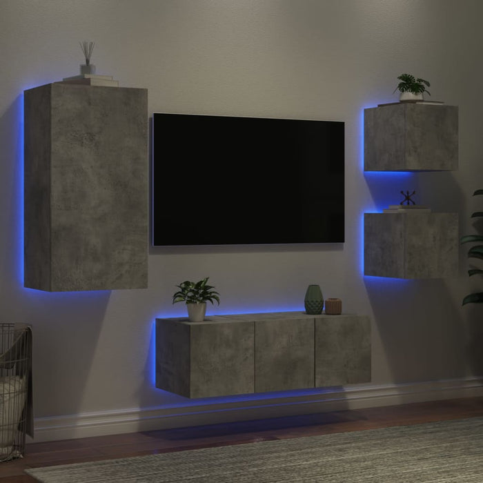 Mobili TV a Muro con LED 5pz-Set di 5 Credenza per TV sospesa Grigio Cemento Legno Multistrato 144913
