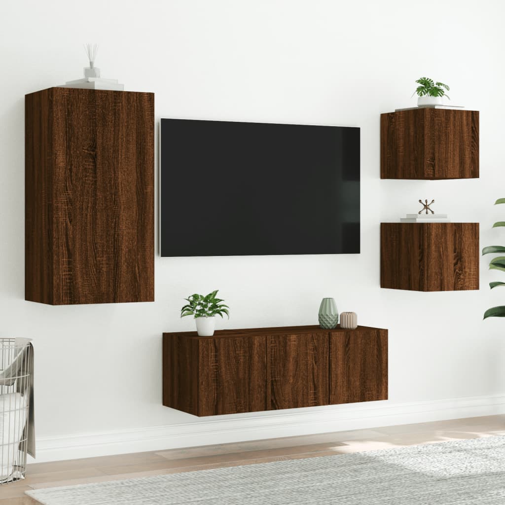 Mobili TV a Muro con LED 5pz Rovere Marrone Legno Multistrato 3216831