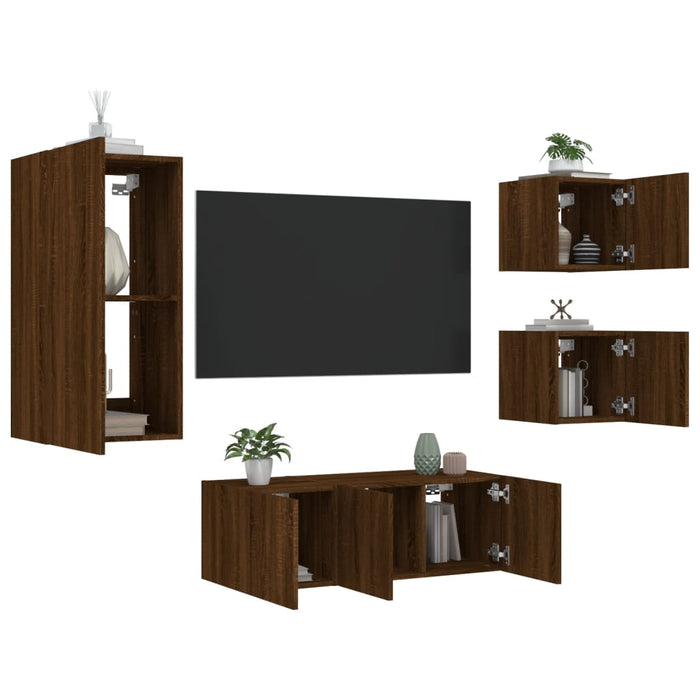 Mobili TV a Muro con LED 5pz Rovere Marrone Legno Multistrato 3216831