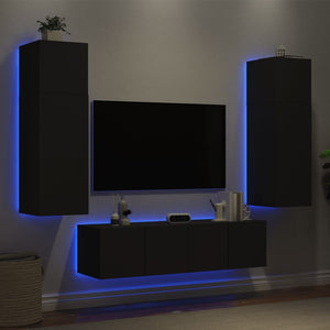 Mobili TV a Muro con LED 6pz Neri in Legno Multistrato 3216833