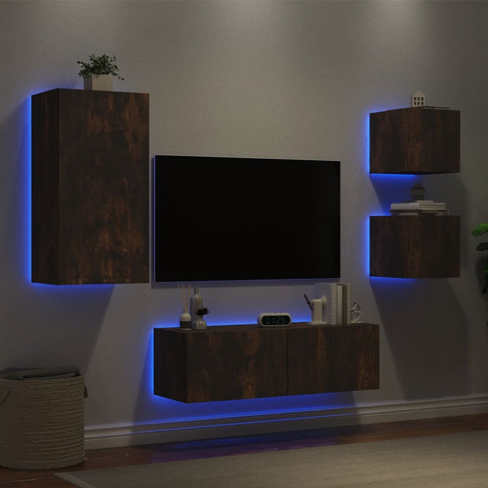 Mobili TV a Muro 4pz con Luci LED Rovere Fumocod mxl 86351