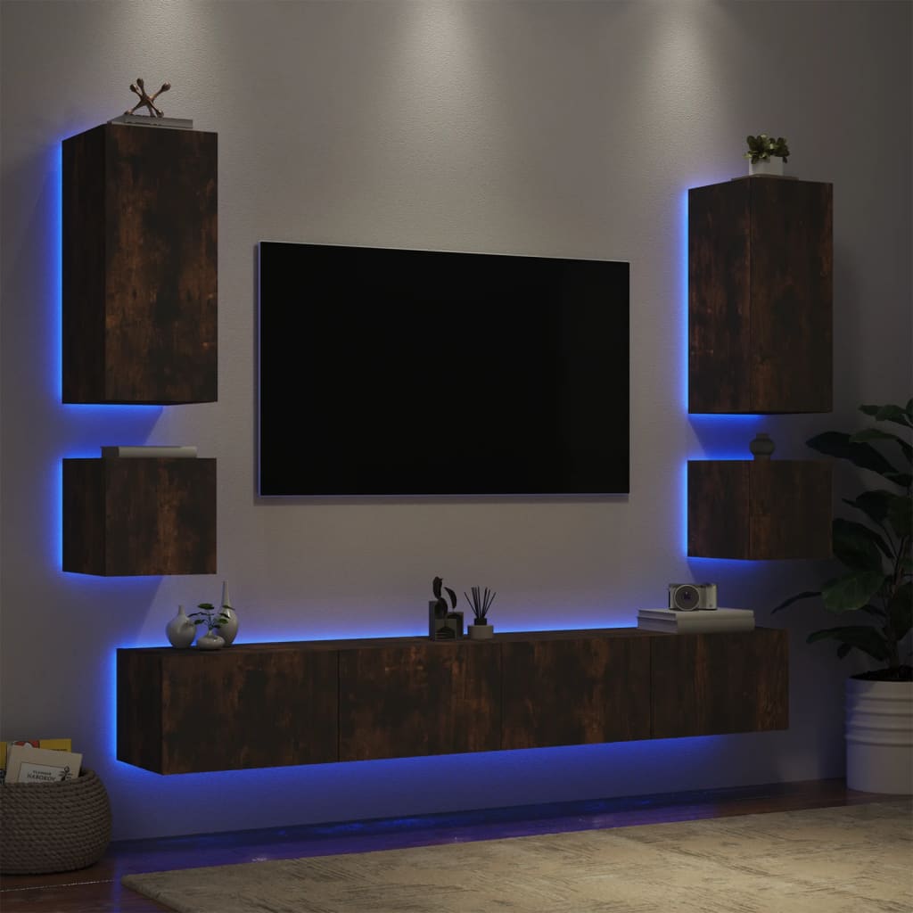 Mobili TV a Muro 6pz con Luci LED Rovere Fumocod mxl 110329
