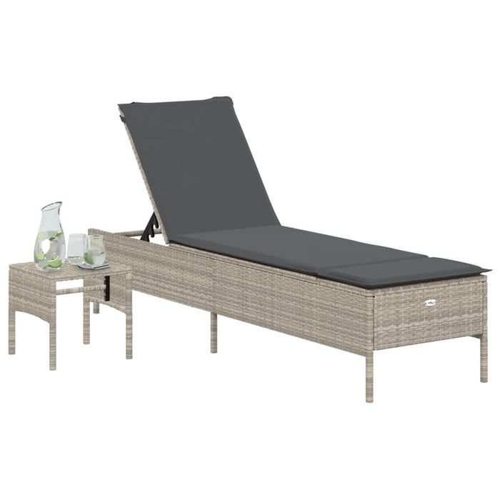 Lettino con Tavolo e Cuscino Grigio Chiaro in Polyrattan 4002733