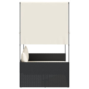 Lettino Prendisole con Tetto e Tende Nero in Polyrattan